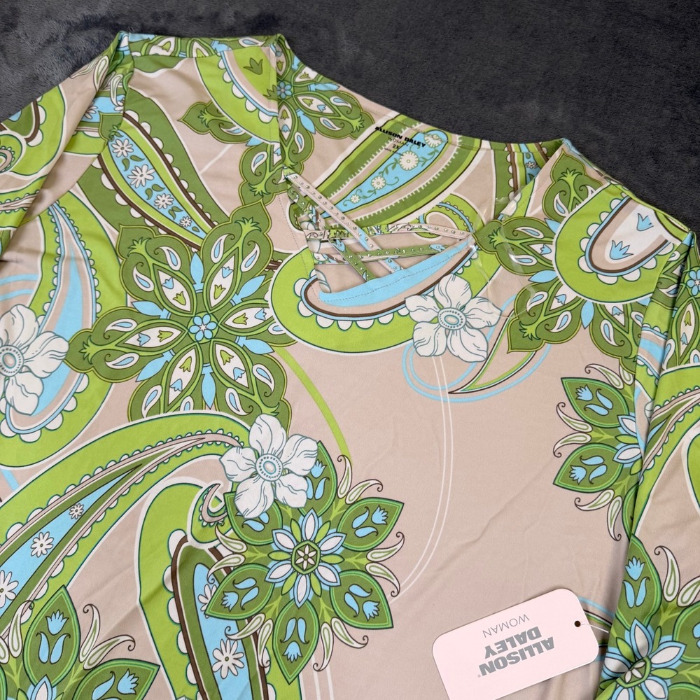 Allison Daley Paisley Blouse Womens 2X Green Rhinestone Lattice Neck 3/4 Sleeve